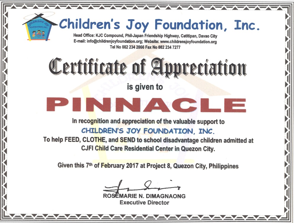 Certificate of Appreciation from Children's Joy Foundation