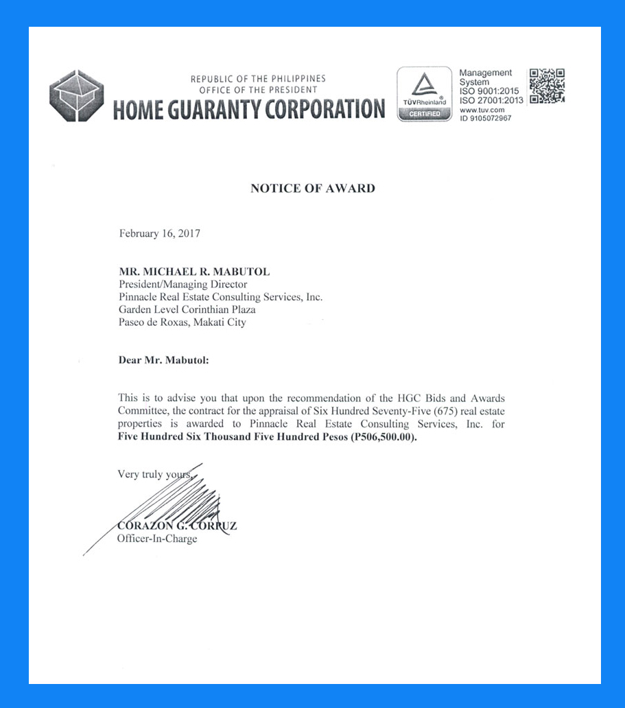 Notice of Award from Home Guaranty Corporation